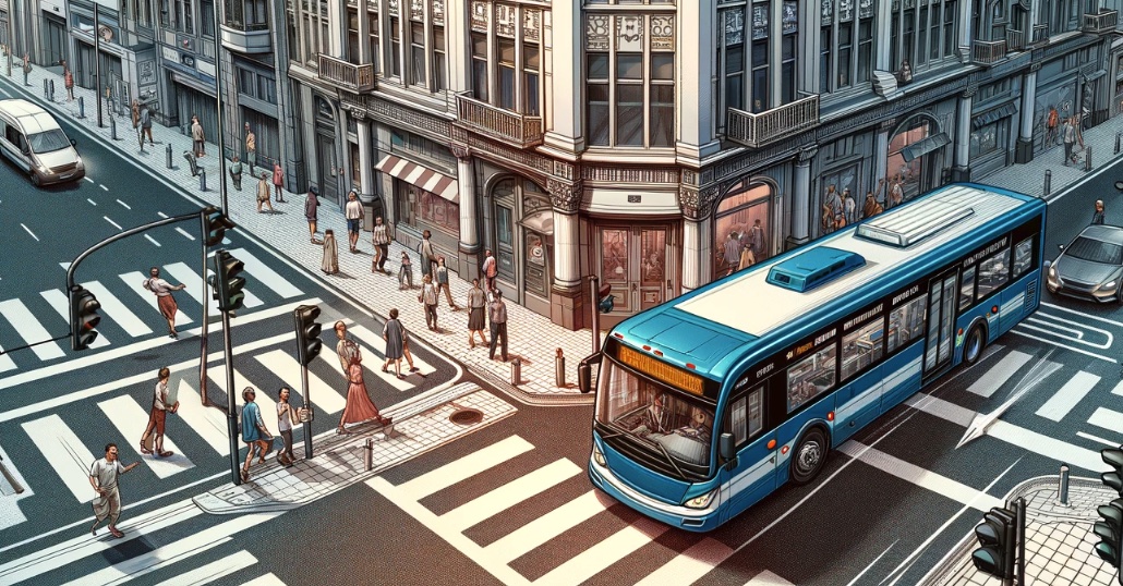 Bus driving through an intersection